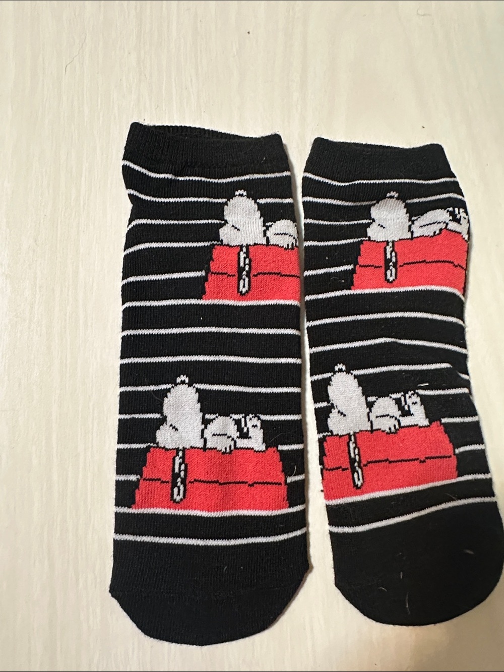 Black & White Striped Snoopy Ankle Socks - Red Doghouse Accent